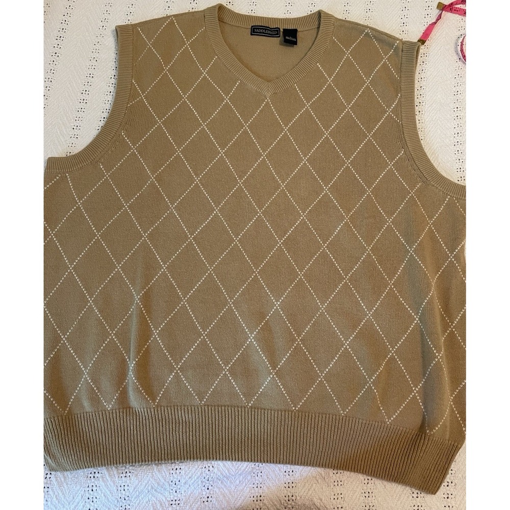 Men's Saddlebred Knit Sweater Vest SZ LARGE Tan‎ Diamond Pattern Classic